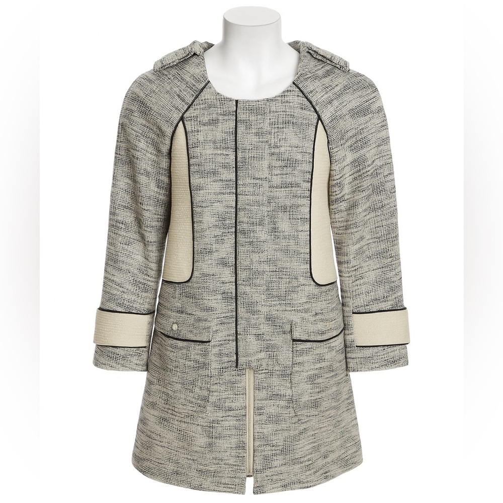H&M Tweed Coat Jacket Size 12 – Textured Black Cream Colorblock with Black Trim